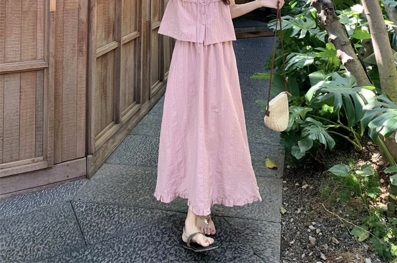 Chic Ruched V-Neck Crop Top with Flared Midi Skirt Set