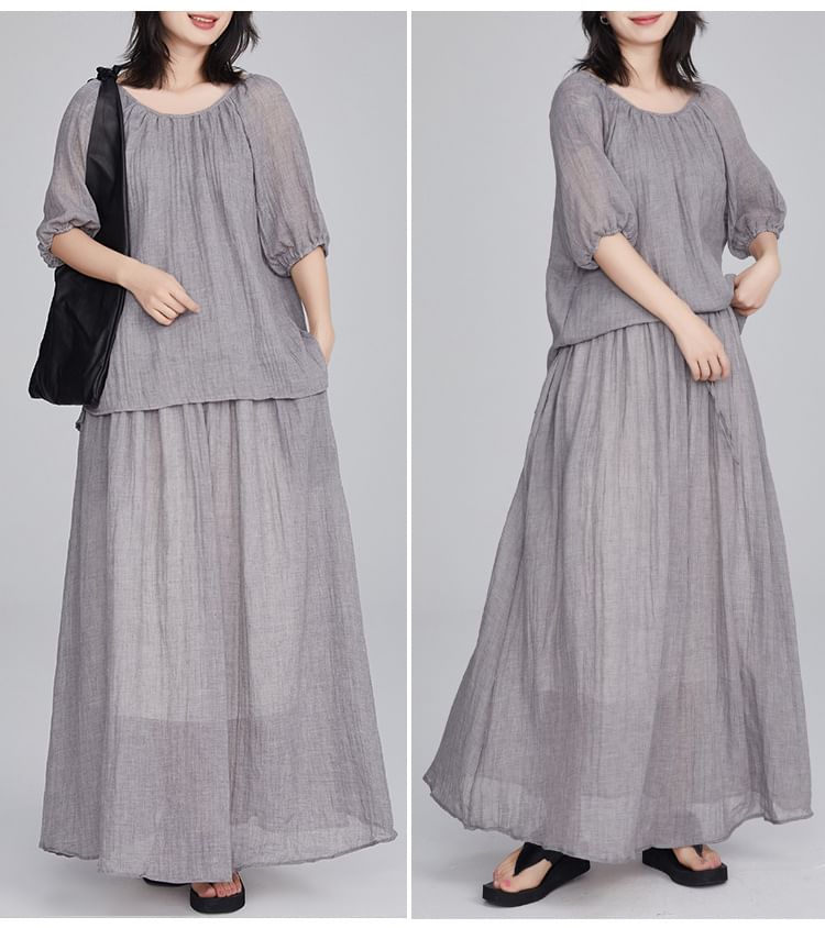 Puff Sleeve Blouse and Flowing Maxi Skirt Two-Piece Set