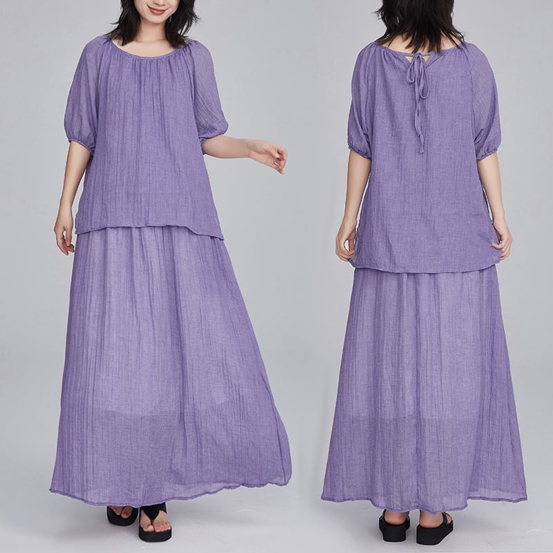 Puff Sleeve Blouse and Flowing Maxi Skirt Two-Piece Set