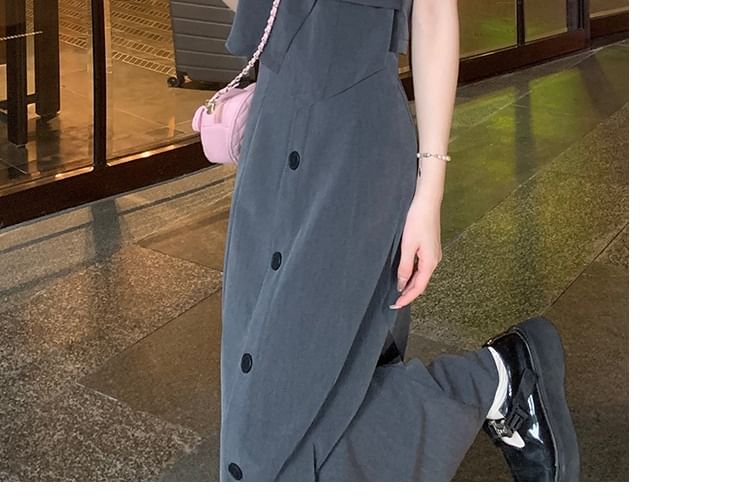 Double-Breasted Crop Blazer and Button Front Midi Skirt Set