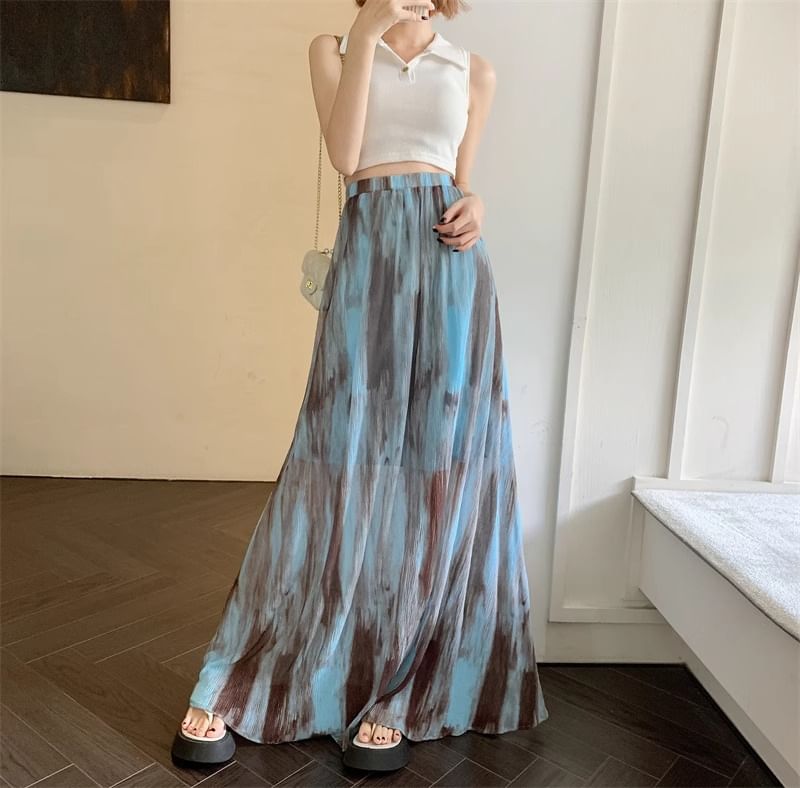 Tie Dye Maxi A-Line Skirt with Elastic Waistband