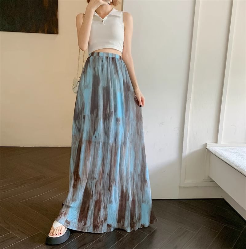 Tie Dye Maxi A-Line Skirt with Elastic Waistband