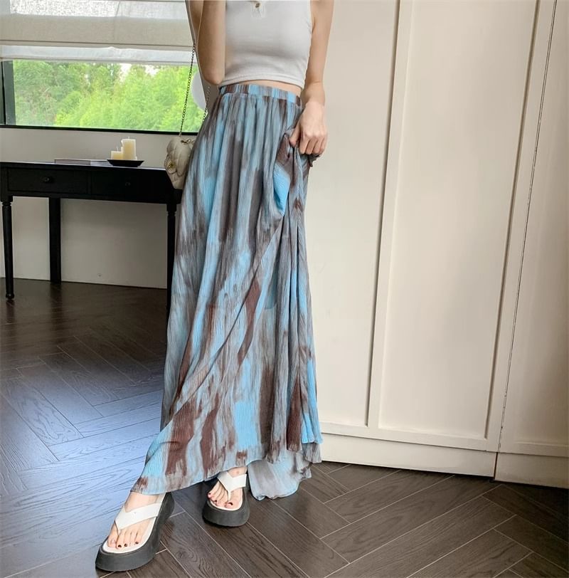 Tie Dye Maxi A-Line Skirt with Elastic Waistband