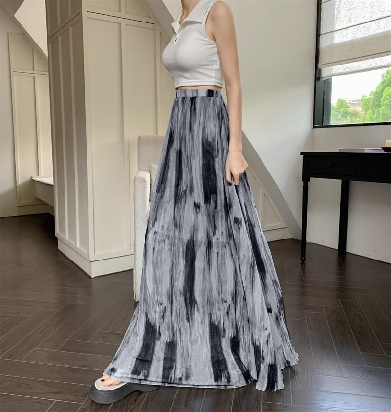 Tie Dye Maxi A-Line Skirt with Elastic Waistband