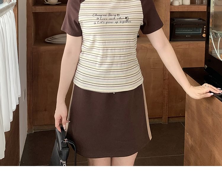 Striped Short Sleeve Tee Paired with High Waist Mini Skirt