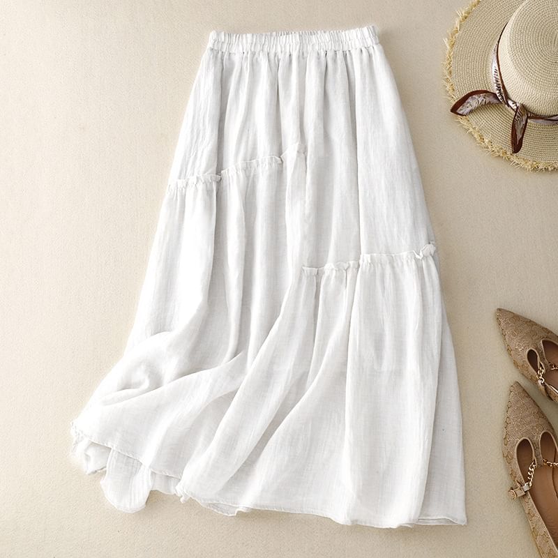 Ruffled Flared Midi Skirt with High Waist
