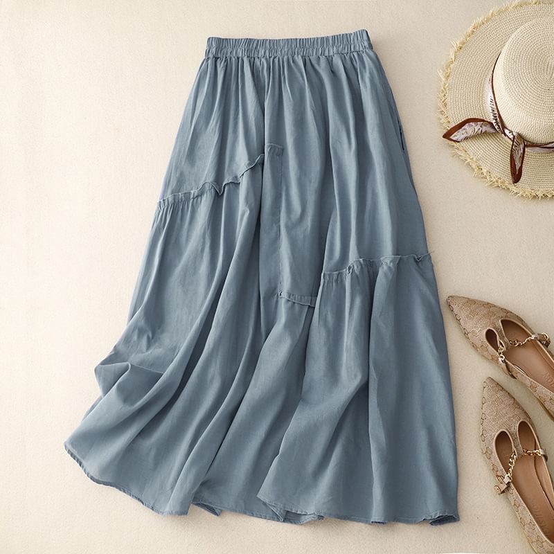 Ruffled Flared Midi Skirt with High Waist