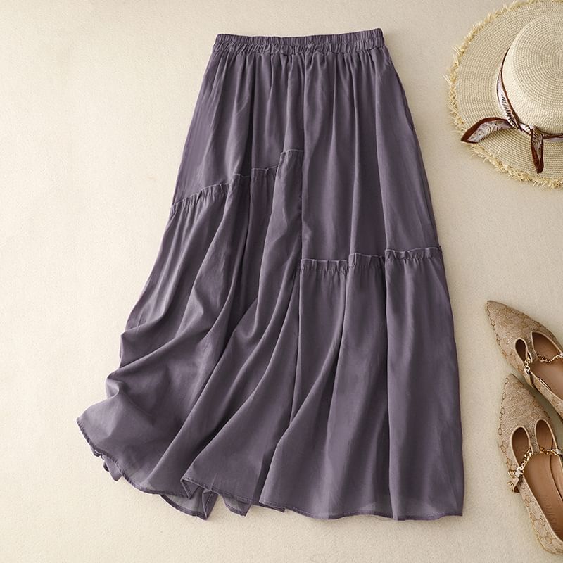 Ruffled Flared Midi Skirt with High Waist