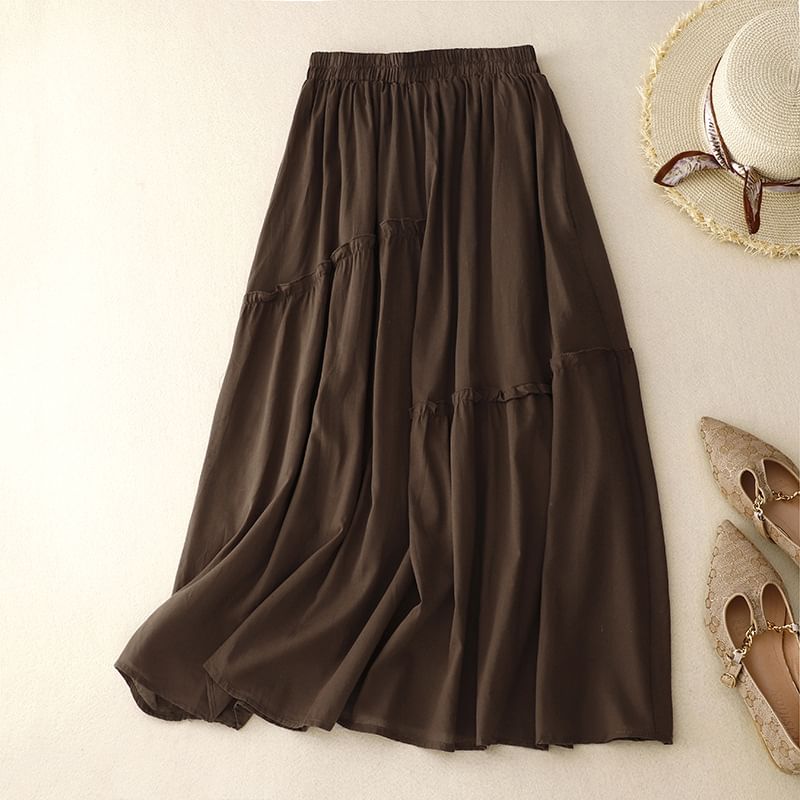 Ruffled Flared Midi Skirt with High Waist