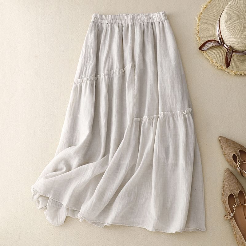 Ruffled Flared Midi Skirt with High Waist