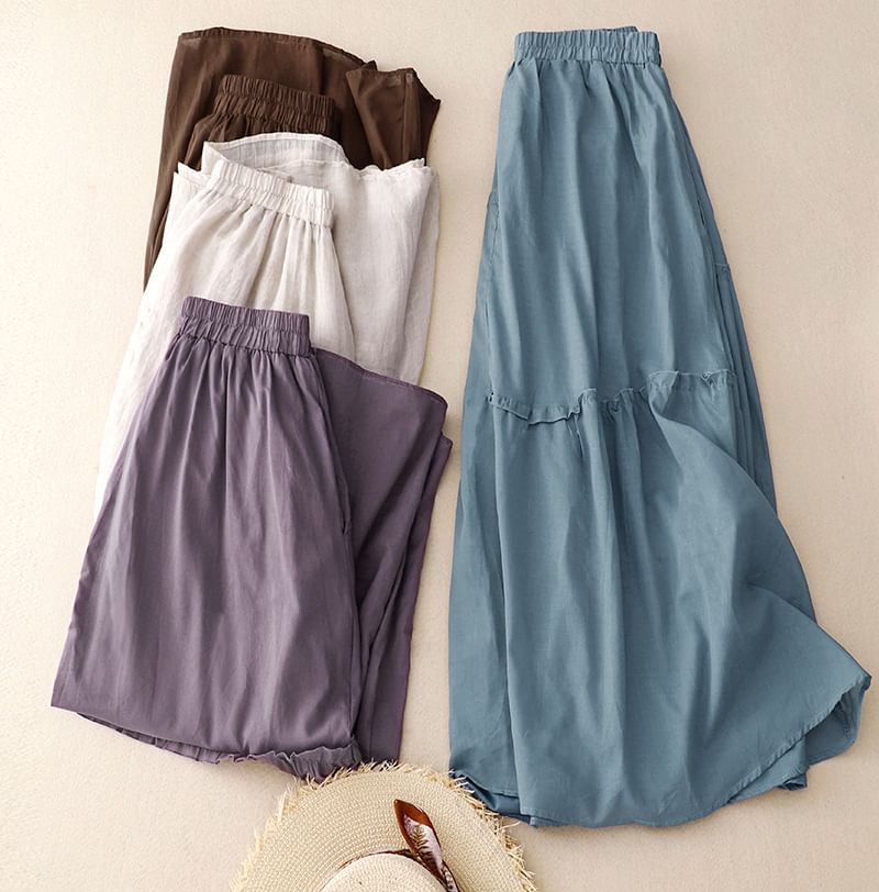 Ruffled Flared Midi Skirt with High Waist