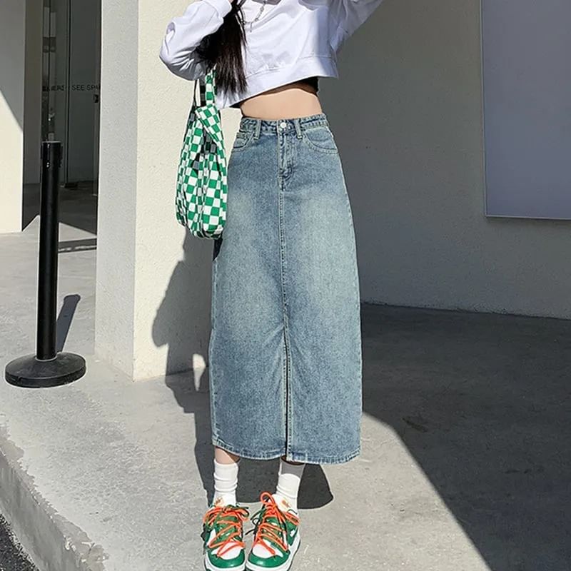 Distressed Denim Pencil Skirt with Side Slit and High Rise