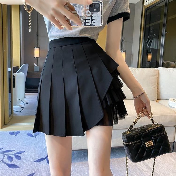 Mesh Panel Accent High Waist Pleated Mini Skirt