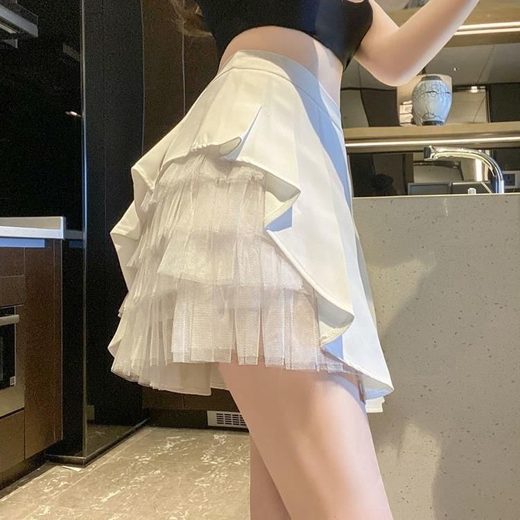 Mesh Panel Accent High Waist Pleated Mini Skirt
