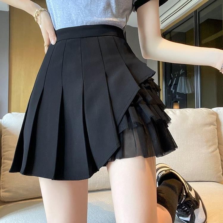 Mesh Panel Accent High Waist Pleated Mini Skirt