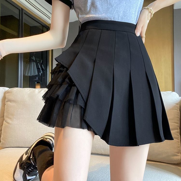 Mesh Panel Accent High Waist Pleated Mini Skirt