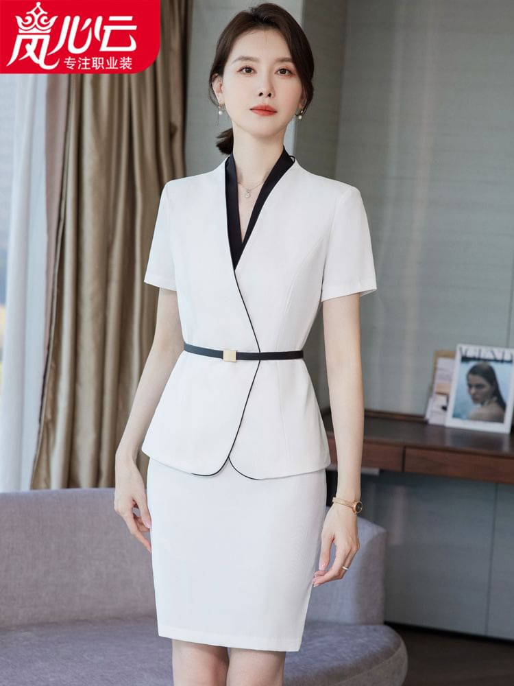 Sleeveless V-Neck Top with Peplum Blazer and Pencil Skirt Set