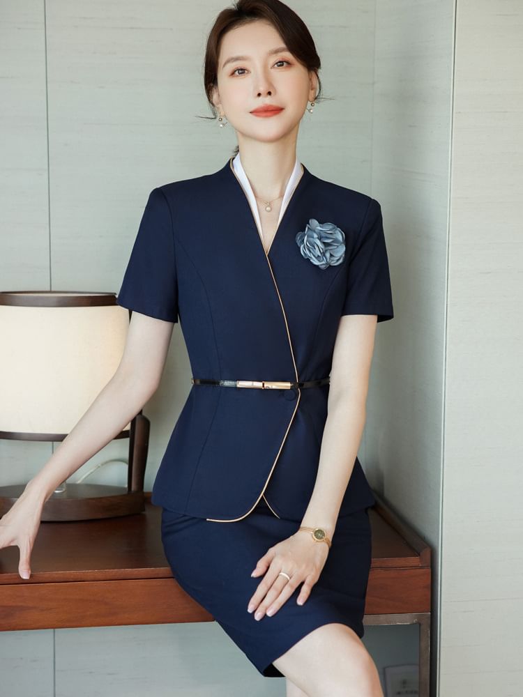 Sleeveless V-Neck Top with Peplum Blazer and Pencil Skirt Set