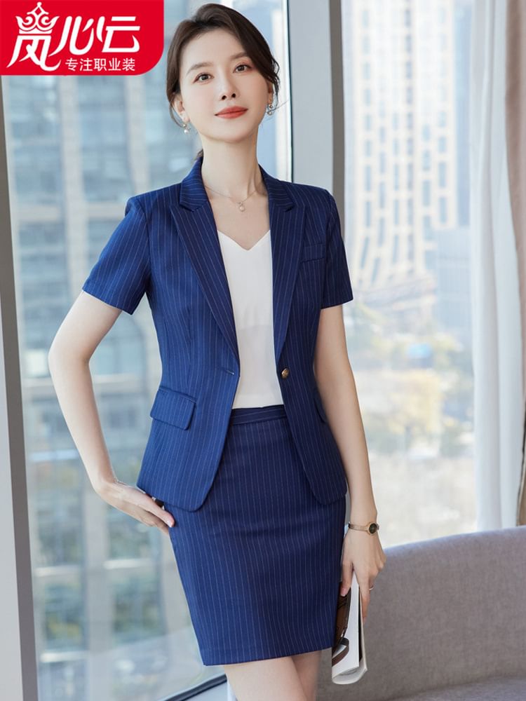 Striped Single-Button Blazer with Pencil Skirt and Trousers