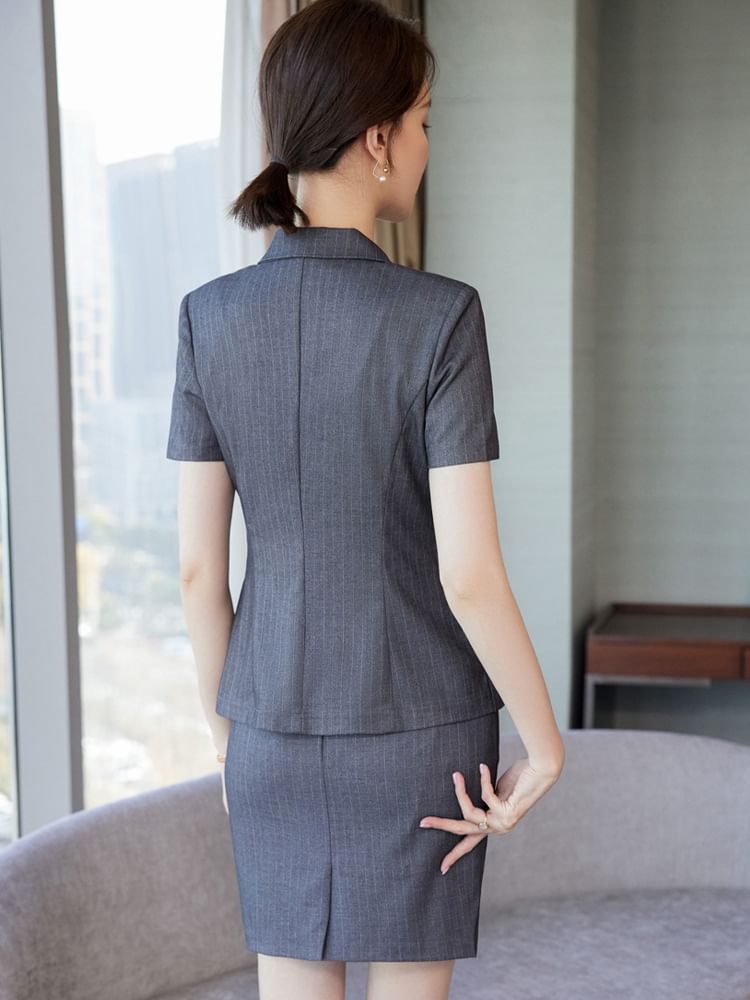 Striped Single-Button Blazer with Pencil Skirt and Trousers