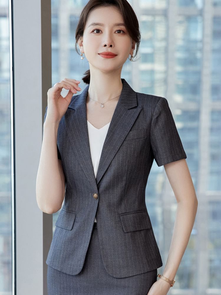 Striped Single-Button Blazer with Pencil Skirt and Trousers