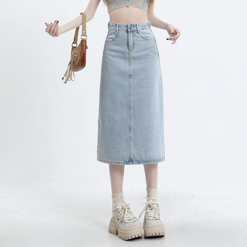 High Waist Denim Straight Skirt in Midi Length