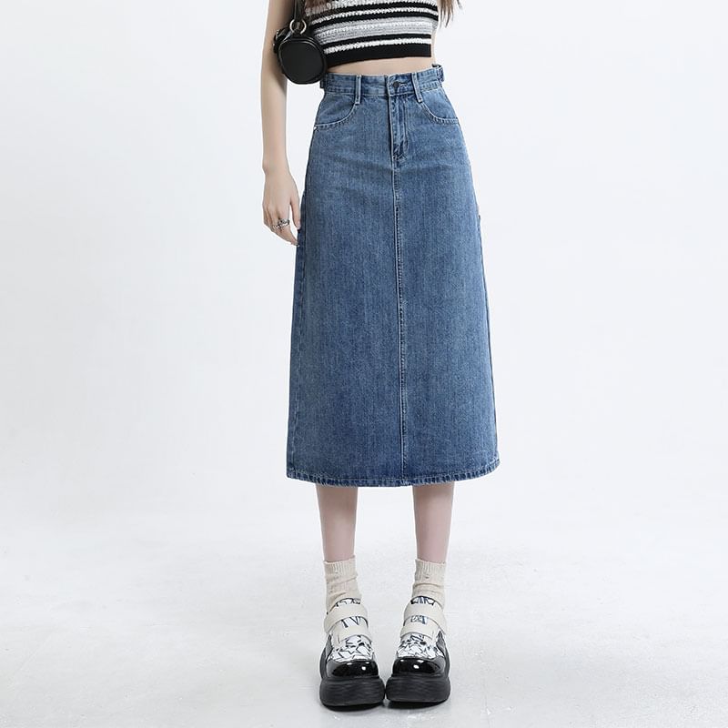 High Waist Denim Straight Skirt in Midi Length