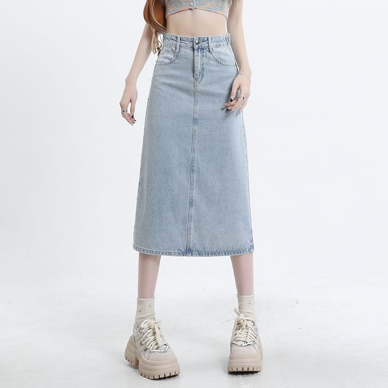 High Waist Denim Straight Skirt in Midi Length