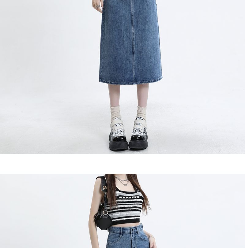 High Waist Denim Straight Skirt in Midi Length