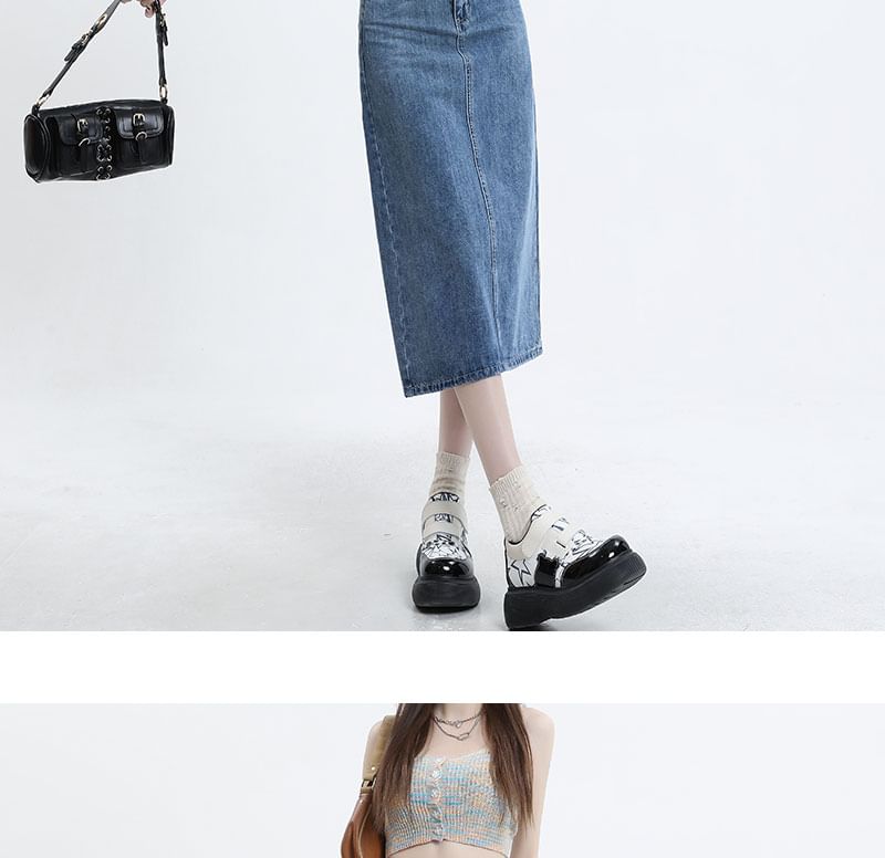 High Waist Denim Straight Skirt in Midi Length