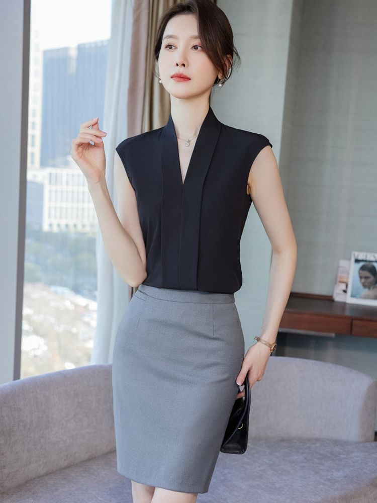 V-Neck Sleeveless Top with Pencil Skirt and Capri Trousers