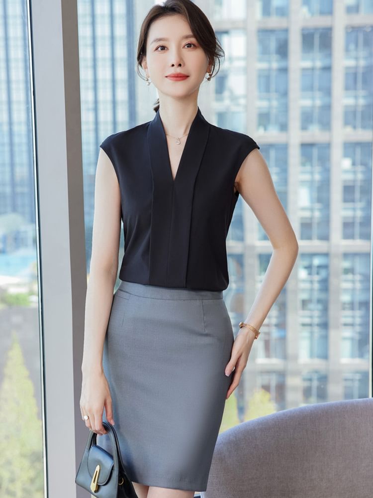V-Neck Sleeveless Top with Pencil Skirt and Capri Trousers