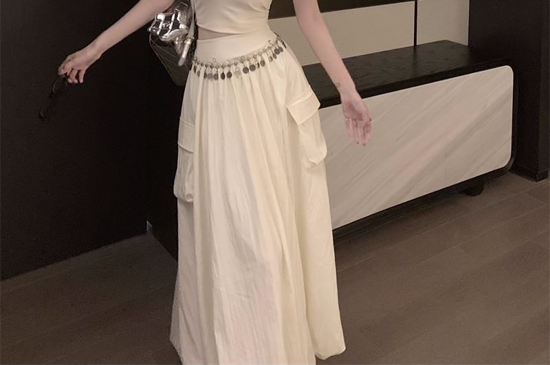 Cold Shoulder Crop Top with Rhinestones and Fringed Cargo Skirt