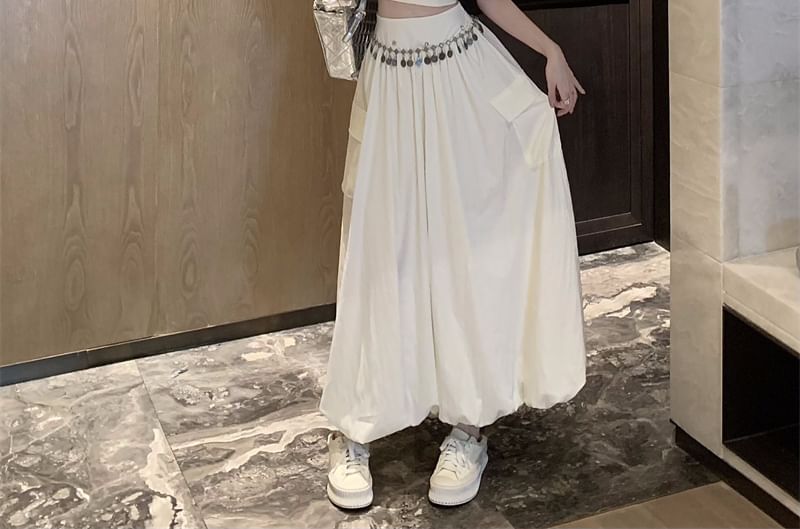 Cold Shoulder Crop Top with Rhinestones and Fringed Cargo Skirt