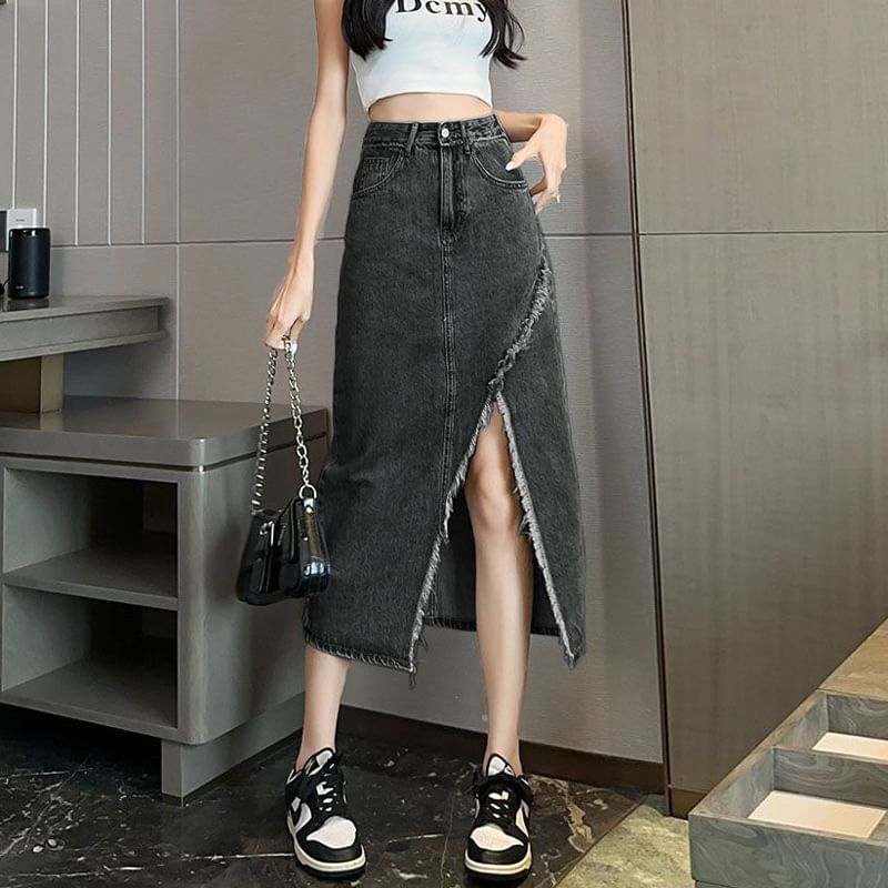 Washed Denim Midi Skirt with Slit and High Rise