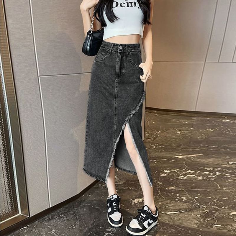 Washed Denim Midi Skirt with Slit and High Rise
