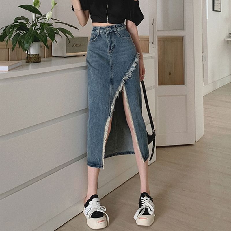Washed Denim Midi Skirt with Slit and High Rise