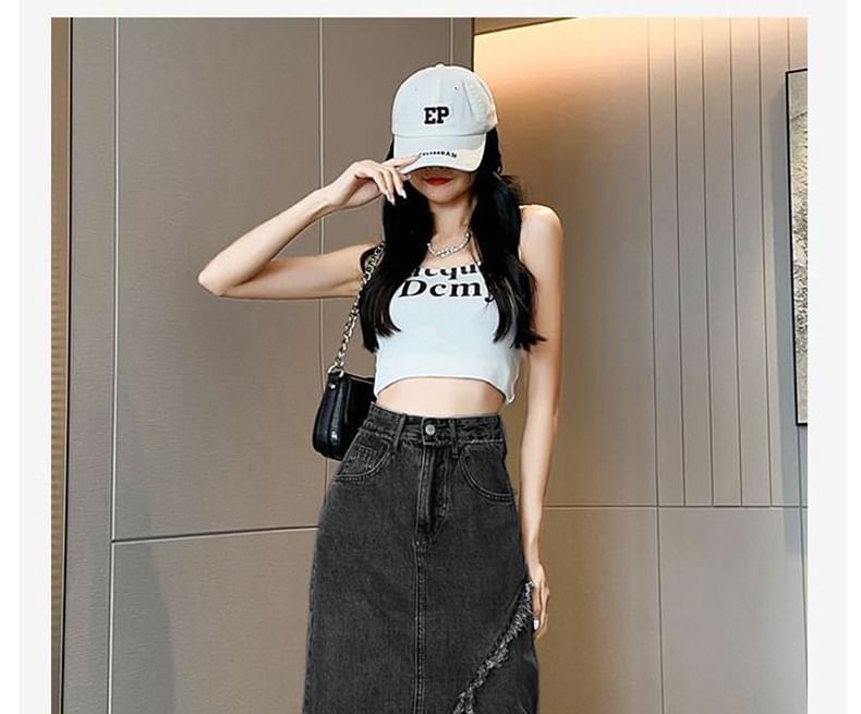 Washed Denim Midi Skirt with Slit and High Rise