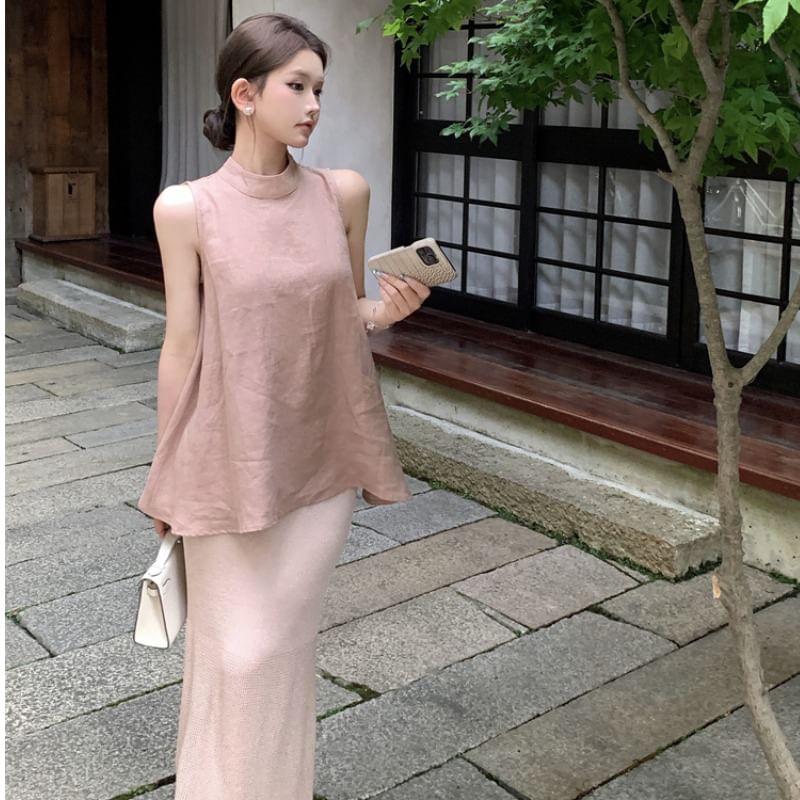Slit Neck Tank Top with Mermaid Hem Maxi Skirt