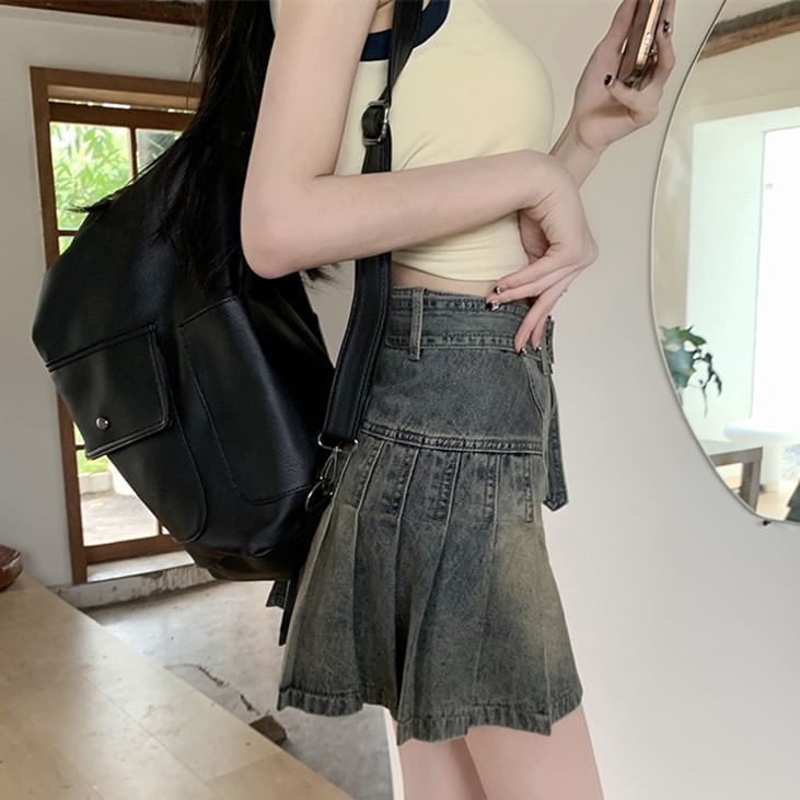 Slouchy Waist Vintage Jean Mini Skater Skirt