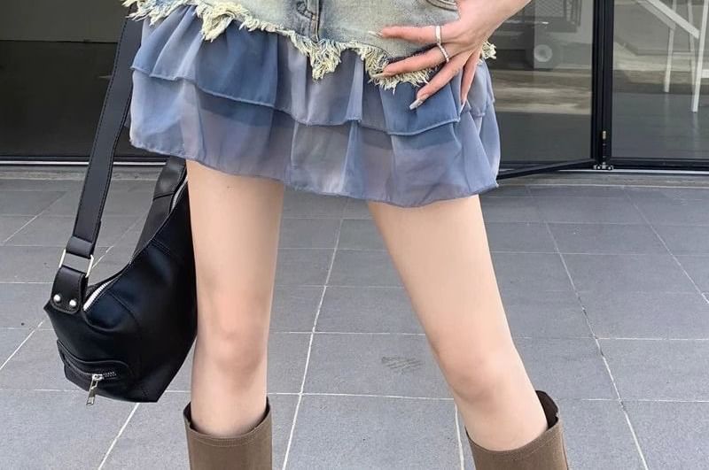 Frill-Trimmed Denim Mini Skirt with Low Waist