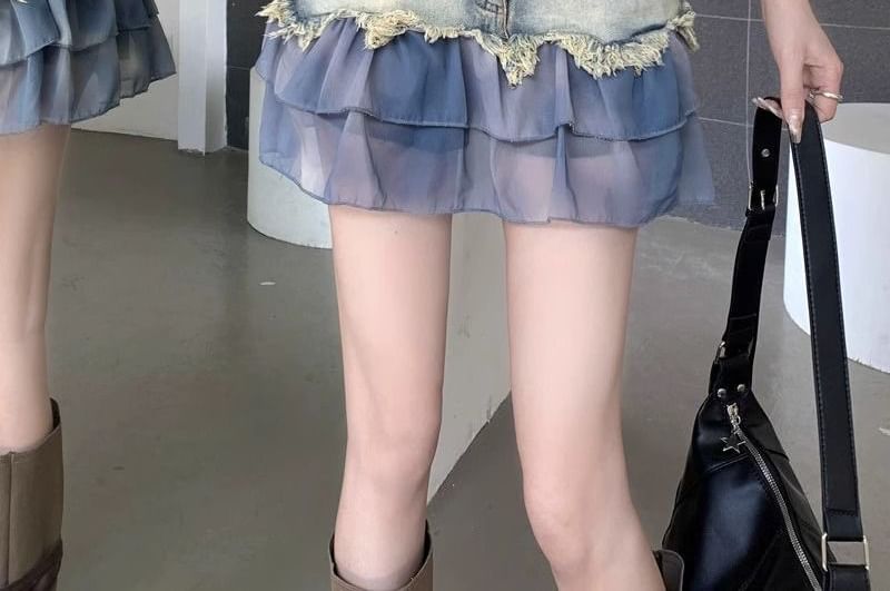 Frill-Trimmed Denim Mini Skirt with Low Waist