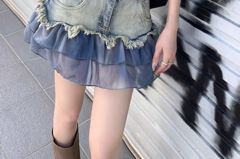 Frill-Trimmed Denim Mini Skirt with Low Waist