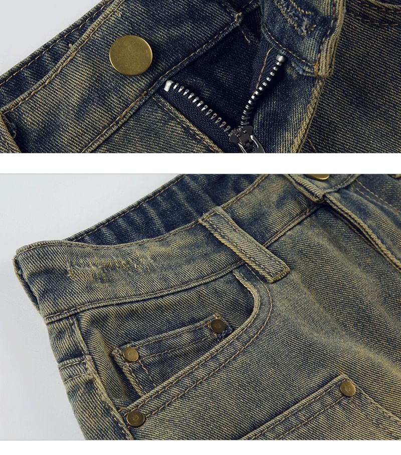 Faded High-Waisted Flared Denim Micro Skirt