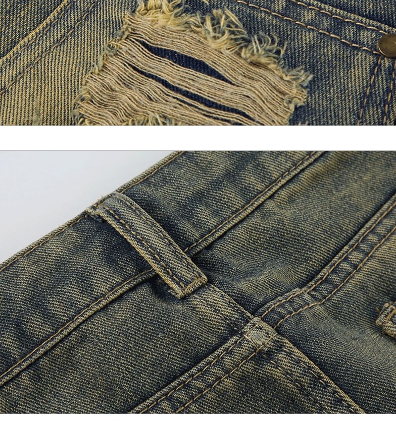 Faded High-Waisted Flared Denim Micro Skirt