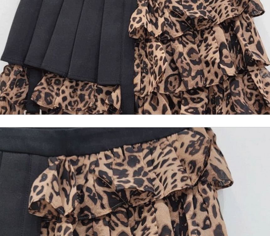 Leopard Print Layered Pleated Mini Skirt with High Rise