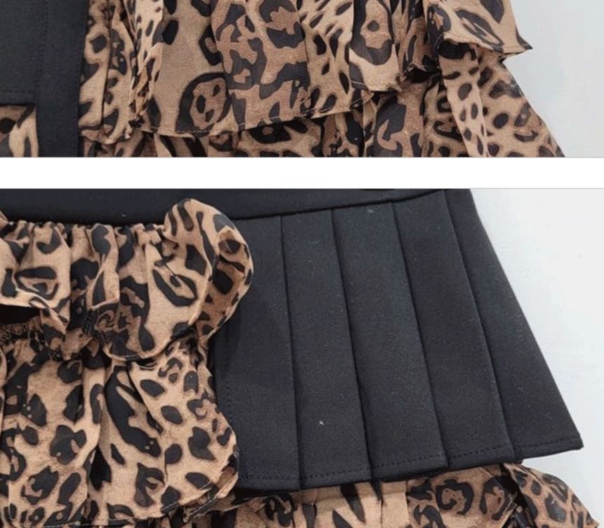 Leopard Print Layered Pleated Mini Skirt with High Rise
