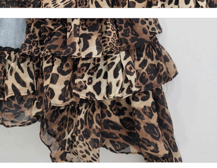 Leopard Print Layered Denim Mini Skirt with High Rise