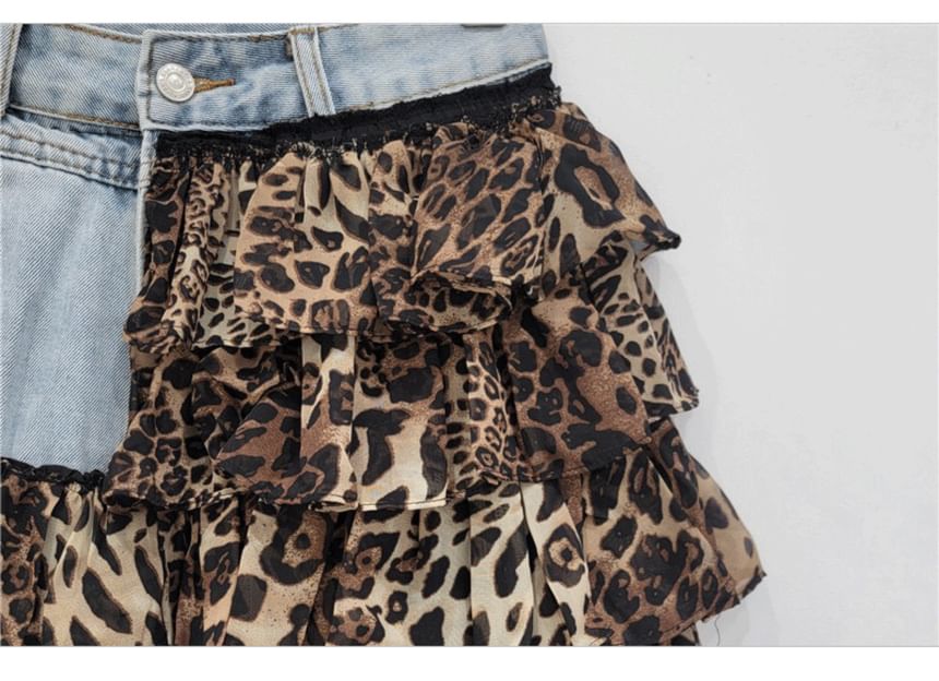 Leopard Print Layered Denim Mini Skirt with High Rise