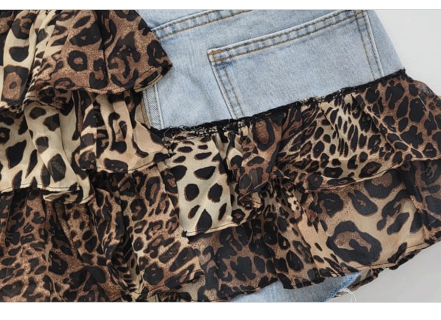 Leopard Print Layered Denim Mini Skirt with High Rise